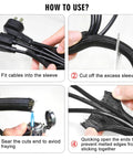 No Sweat 10 Foot 1/2 Inch Black Cable Sleeve Split Wire Loom Tubing shown being used for cord management, cutting, and sealing edges.
