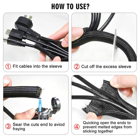 No Sweat 10 Foot 1/2 Inch Black Cable Sleeve Split Wire Loom Tubing shown being used for cord management, cutting, and sealing edges.