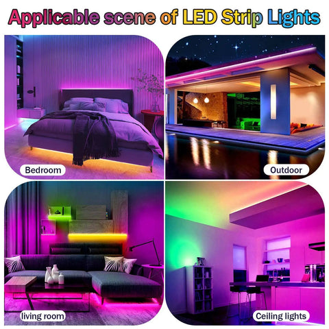 Collage showing 100Ft Outdoor RGB LED Strip Lights With WiFi IP65 Waterproof Alexa and Google Assistant in bedroom, outdoor, living room, and ceiling lighting.