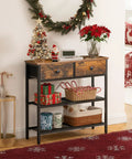 Ultra Slim 29.5 Inch Console Table With 3 Tier Storage, Two Fabric Drawers, Behind Sofa For Space Saving Entryway Or Living Room Setup, Rustic Brown And Black, decorated with festive items and gifts, next to holiday decor in a living room.