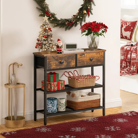 Ultra Slim 29.5 Inch Console Table With 3 Tier Storage, Two Fabric Drawers, Behind Sofa For Space Saving Entryway Or Living Room Setup, Rustic Brown And Black, decorated with festive items and gifts, next to holiday decor in a living room.