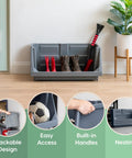 Heavy Duty Open Front Storage Bins For Garage And Home Organization, Jumbo Stackable Bins With Large Handles, Gray, containing boots and tools.