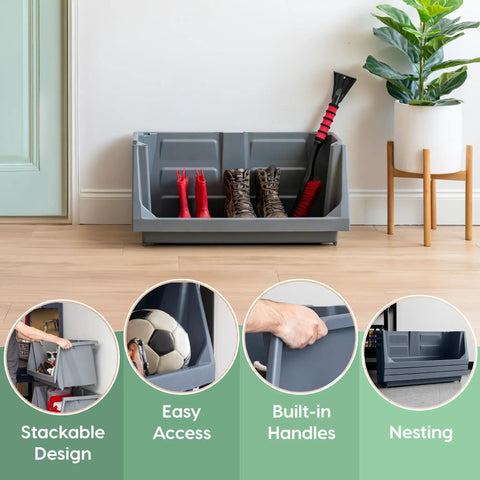 Heavy Duty Open Front Storage Bins For Garage And Home Organization, Jumbo Stackable Bins With Large Handles, Gray, containing boots and tools.