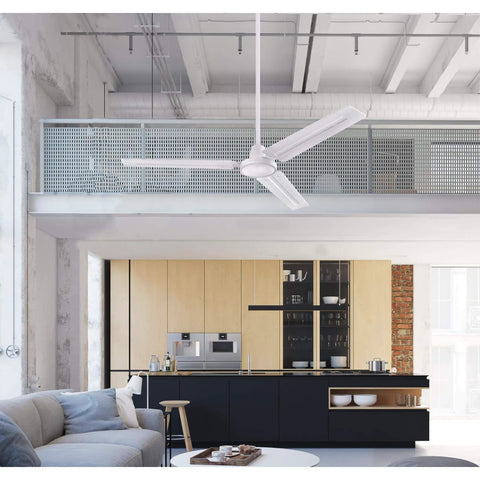 Jax 56 Inch White Dope Modern Industrial Ceiling Fan With Remote Control in a stylish loft living room with high ceilings
