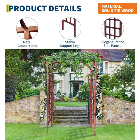 7 Foot Wooden Arbor Trellis With Flat Top For Climbing Plants Garden Decor Outdoor Ready To Assemble Cedar Frame Moisture Resistant Yard Or Patio Backyard Vibe featuring a solid Fir Wood frame with metal connections, stable support legs, and elegant lattice side panels near a stone pathway.