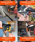 All In One Garden Tool Sharpener That Keeps Knives Axes Machetes Pruners And Shears Razor Sharp No Fuss 7 In 1 Sharpener in use with shovel, pruners, axe, and shears