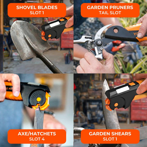 All In One Garden Tool Sharpener That Keeps Knives Axes Machetes Pruners And Shears Razor Sharp No Fuss 7 In 1 Sharpener in use with shovel, pruners, axe, and shears