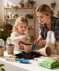 Mother and daughter using 50 Pack Peat Pots Seed Starter Kit With Humidity Domes Plant Labels And Transplant Tools For Easy Germination