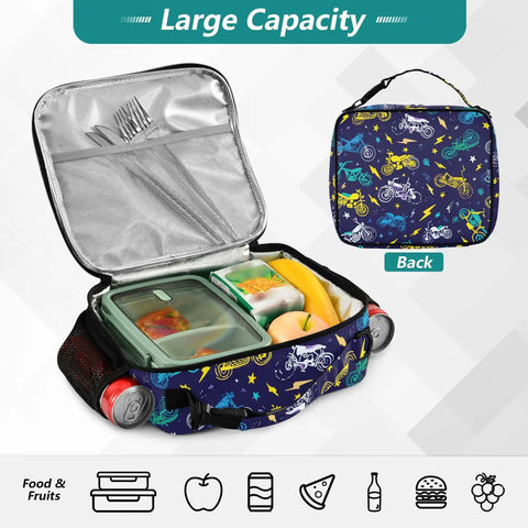 Insulated Lunch Bag With Shoulder Straps For Office Travel School Keeps Food Fresh With A Dope Lightning Bolt Design, Spacious Main Compartment, Side Pockets, Durable Polyester Tote For Kids Men Women, open with food inside