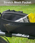 Front Frame Top Tube Bag 1L With Dual Side Storage For Road And Mountain Bikes showing stretch mesh pocket with energy gel