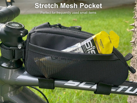 Front Frame Top Tube Bag 1L With Dual Side Storage For Road And Mountain Bikes showing stretch mesh pocket with energy gel