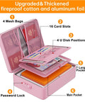 Open pink Beefed Up Heatproof Document Safe With Lock And Insulated 5200F Fireproof Waterproof Box featuring multiple pockets and card slots.