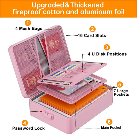 Open pink Beefed Up Heatproof Document Safe With Lock And Insulated 5200F Fireproof Waterproof Box featuring multiple pockets and card slots.