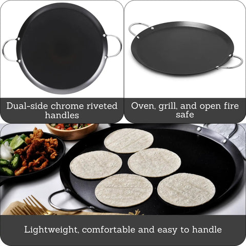 13.5 Inch Carbon Steel Nonstick Round Comal With Metal Handles Durable Black Pan For Tortillas Searing And Everyday Cooking