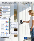 Zero Drama Fingerprint Keypad Smart Door Knob With Snappy Bluetooth Link And Solid Matte Black Housing For Pure Easy Keyless Entry Outside Your Front Door Every Single Day with a girl adding a PIN code.