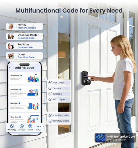 Zero Drama Fingerprint Keypad Smart Door Knob With Snappy Bluetooth Link And Solid Matte Black Housing For Pure Easy Keyless Entry Outside Your Front Door Every Single Day with a girl adding a PIN code.