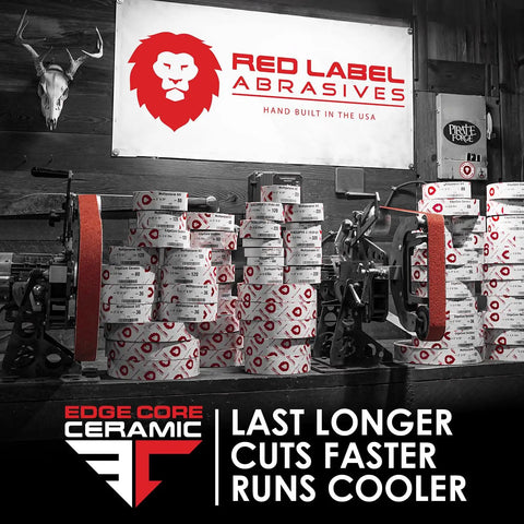 Red Label Abrasives workshop with stacks of Ceramic Sanding Belts 2x72 Inch 36 Grit for metal grinding and deburring.