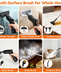 Multi-Surface Brush for Whole Home attachments, including Window Scraper, Fabric Steam Tool, and Brass Brush for Heavy Duty Handheld Steam Cleaner Delivers 15 Second Rapid Heatup For Crushing Stubborn Grime On Tile Grout Hardwood And Car Seats Featuring 1.6 Liter Water Tank And Complete Tool Set For Straight Up No Sweat Cleaning.