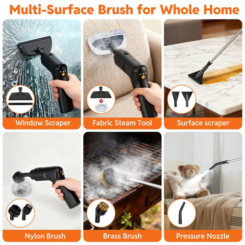 Multi-Surface Brush for Whole Home attachments, including Window Scraper, Fabric Steam Tool, and Brass Brush for Heavy Duty Handheld Steam Cleaner Delivers 15 Second Rapid Heatup For Crushing Stubborn Grime On Tile Grout Hardwood And Car Seats Featuring 1.6 Liter Water Tank And Complete Tool Set For Straight Up No Sweat Cleaning.