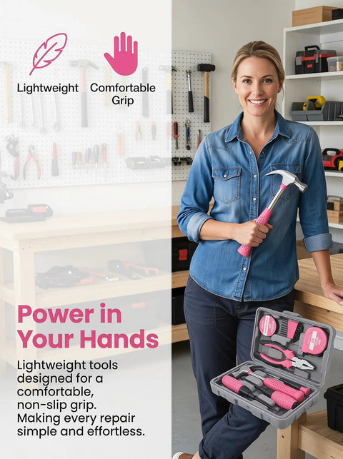Pink Tool Set For Women, 13 Piece Hand Tool Kit with hammer, pliers, screwdrivers, and storage case on a workbench