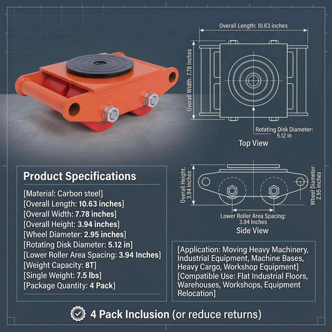 Four Piece Heavy Duty Machinery Skate Dolly With 360 Degree Rotation And PU Rollers For Moving Massive Industrial Equipment In Warehouse And Factory Settings, carbon steel, 8T