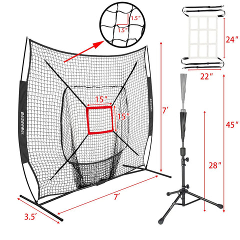 7X7 Baseball Practice Net Featuring Adjustable Strike Zone And Height Adjustable Tee For Backyard Ballers Offering No Sweat Assembly And Knockout Durability For Daily Swing Drills, showing dimensions and features.
