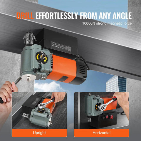 Compact Horizontal Magnetic Drill Press For Tight Spaces with strong magnetic force showcasing upright and horizontal drilling.