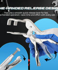Heavy Duty 9 Inch Locking Pliers Set Two Pack Metal Welding Clamps with Quick Lock Release C Clamp Vice Grips, one hand holding tool