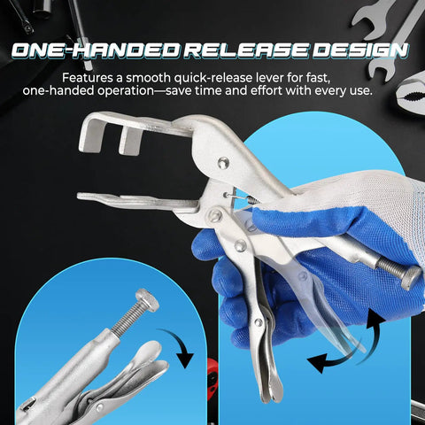 Heavy Duty 9 Inch Locking Pliers Set Two Pack Metal Welding Clamps with Quick Lock Release C Clamp Vice Grips, one hand holding tool