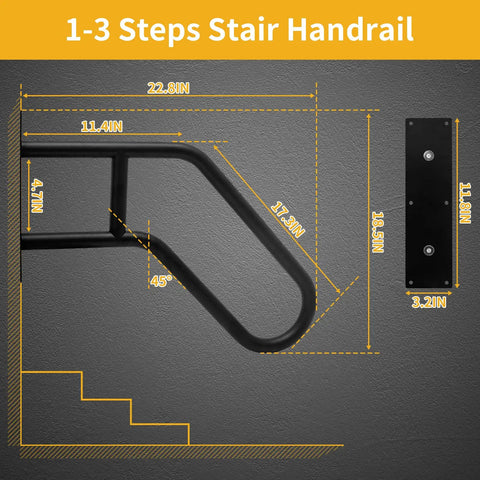 Diagram of stainless steel wall mounted handrail for indoor stairs, 22.8 inch length, matte black, comfortable 1.3 inch grip.