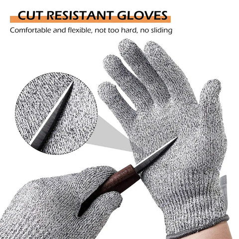 Cut resistant gloves with knife, part of Wood Carving Kit With 6 Whittling Knives For Woodwork And Chip Carving.