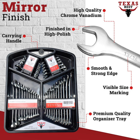 32 Piece Chrome Vanadium Wrench Set With SAE And Metric Sizes in organizer tray, mirror finish, for auto repair and home garage
