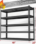 48 Inch Wide Heavy Duty Garage Shelving 5 Tier Storage Rack With Double Column Design For Maximum Stability And 3030 Lbs Load Capacity Ideal For Garage Organization And Heavy Tools Beefy Steel Construction Easy Assembly, 72x48x24 black steel 5-tier rack front view