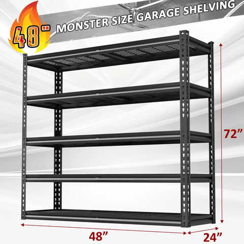 48 Inch Wide Heavy Duty Garage Shelving 5 Tier Storage Rack With Double Column Design For Maximum Stability And 3030 Lbs Load Capacity Ideal For Garage Organization And Heavy Tools Beefy Steel Construction Easy Assembly, 72x48x24 black steel 5-tier rack front view
