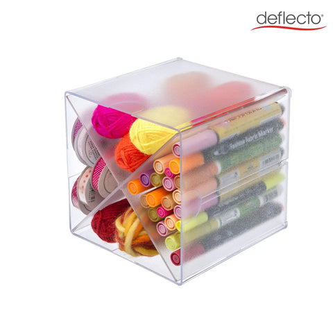 Stackable Cube Organizer With X Divider In Clear Plastic showing storage of yarn and markers, modular with linking clips for custom organization.