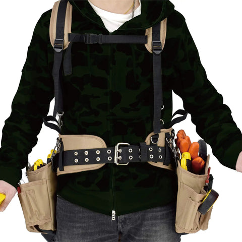 Person wearing Pro Tool Belt With Comfort Rig Tan and Black, Heavy Duty Polyester, Double Stitched Seams, loaded with tools.