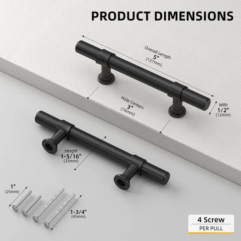 Slick 3 Inch Matte Black Cabinet Pulls 25 Pack For Kitchen Cupboards And Dresser Drawers dimensions illustration with screws
