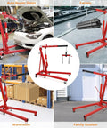 Heavy Duty Hydraulic Engine Hoist And Folding Cherry Picker With Six Swivel Wheels, Straight Up 4400 Lb Portable Crane in use across various locations.