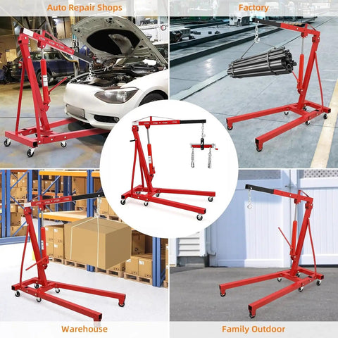 Heavy Duty Hydraulic Engine Hoist And Folding Cherry Picker With Six Swivel Wheels, Straight Up 4400 Lb Portable Crane in use across various locations.