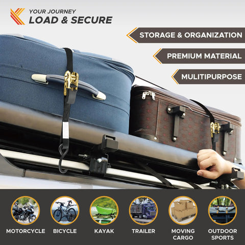 Heavy Duty Ratchet Strap Set 4 Pack 1 Inch Wide By 17 Feet 2200 Lb Break Strength securing luggage on roof rack