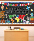 Bulletin Board Set With World Map Cutout, Travel Theme Icons, 14 National Flags, 16 Travel Cutouts And 16 Bulletin Borders in classroom