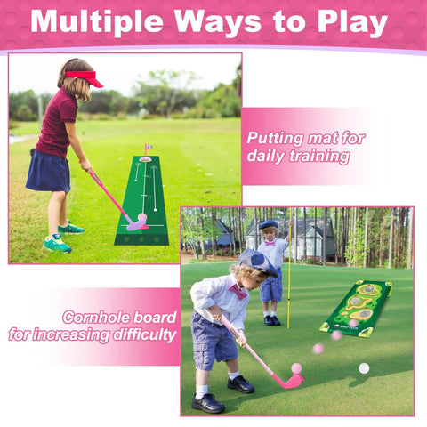 Children using Toddler Golf Set For Boys And Girls Ages 2 3 4 With Upgraded Kids Golf Cart, Putting Mat, And Cornhole Board