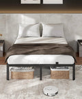Dead Silent Metal King Size Bed Frame With Attached Headboard, 14 Inch Built Tough Steel Platform Base in stylish bedroom setting.
