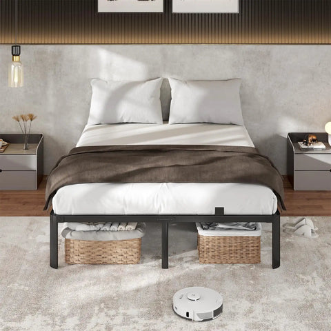 Dead Silent Metal King Size Bed Frame With Attached Headboard, 14 Inch Built Tough Steel Platform Base in stylish bedroom setting.