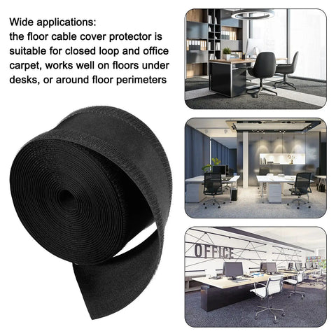 Floor Cord Protector For Carpet And Office Cables, Easy Cut Cable Cover And Management, shown rolled with office setup examples.