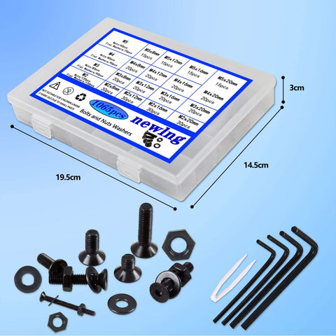 All In One Heavy Duty M2 M3 M4 M5 Bolts And Nuts Set With Washers And Spanner 1065 Pieces Including Countersunk And Flat Head Socket Screws For Home DIY Projects And Light Industrial Use Carbon Steel Black Finish