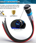 16mm Raised Speaker Horn Momentary Push Button Switch With 12V Blue LED Light Black Stainless Steel Shell 1NO 1NC SPDT Prewired
