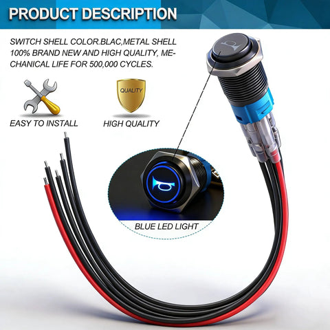 16mm Raised Speaker Horn Momentary Push Button Switch With 12V Blue LED Light Black Stainless Steel Shell 1NO 1NC SPDT Prewired