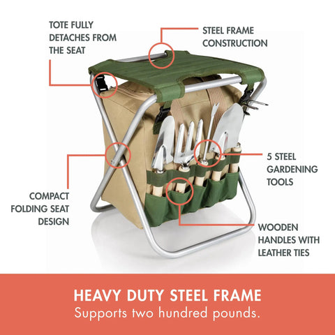 Garden Kneeler And Seat Folding Bench with Detachable Tote Organizer for Weeding and Yard Work, showing folded setup with tools