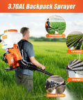 Man uses Gas Powered Backpack Sprayer Fogger And Blower With Large Fourteen Liter Tank And Three PointSeven Gallon Capacity